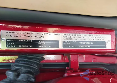 2007 Bentley Continental Gtc z USA, uszkodzony, nr VIN SCBDR33W87C049953